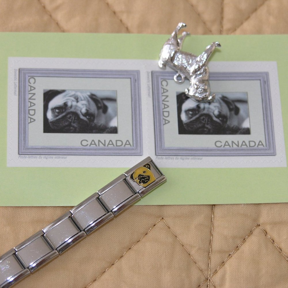 PUG lot   Charm, 2 Stamps, Bracelet Link